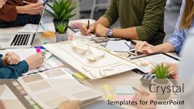  Presentation with team building - Presentation featuring team-of-architects-and-engineers background and a soft green colored foreground