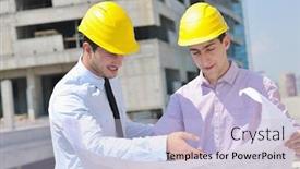  Presentation with architects - Slides featuring team of architects people in group on construciton site check documents and business workflow background and a light blue colored foreground