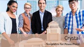  Presentation with team building - Cool new presentation theme with team of architects presenting model building in presentation to customer backdrop and a coral colored foreground