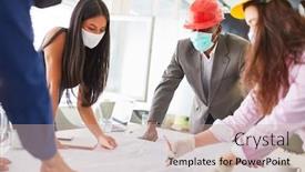  Presentation with happy sad mask face - Colorful slide set enhanced with team-of-architects-with-face backdrop and a mint green colored foreground