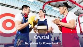  Presentation with global team workers - Slide set with team of asian workers discussing background and a navy blue colored foreground