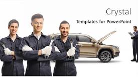  Presentation with suv - Audience pleasing PPT layouts consisting of team-of-auto-mechanic-workers backdrop and a white colored foreground