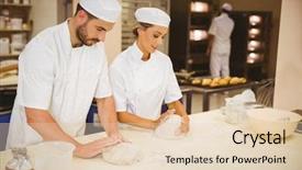  Presentation with baker kneading dough homemade bread - PPT layouts featuring team of bakers kneading dough background and a lemonade colored foreground