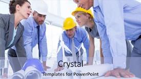  Presentation with business plan - Beautiful presentation design featuring team of business people looking at construction plan in office backdrop and a light blue colored foreground