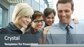  Presentation with building team - Cool new slides with team of business people looking at laptop computer outdoor in front of office building backdrop and a ocean colored foreground