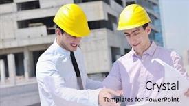  Presentation with team building - Slides having team of business people in group architect and engeneer on construciton site check documents and business workflow on new building background and a lemonade colored foreground