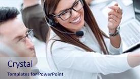  Presentation with call center - Colorful PPT layouts enhanced with team of call center operators backdrop and a sky blue colored foreground