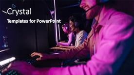  Presentation with club - Presentation theme consisting of team-of-cheerful-professional-gamers background and a wine colored foreground