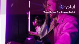  Presentation with club - Slides with team-of-cheerful-professional-gamers background and a violet colored foreground