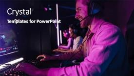  Presentation with club - PPT theme enhanced with team-of-cheerful-professional-gamers background and a wine colored foreground