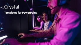  Presentation with club - Slides having team-of-cheerful-professional-gamers background and a wine colored foreground