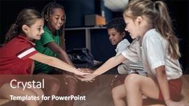  Presentation with team training - Cool new presentation design with team-of-children-team-doing backdrop and a tawny brown colored foreground