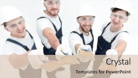  Presentation with construction - Colorful PPT layouts enhanced with team of construction workers looking backdrop and a  colored foreground