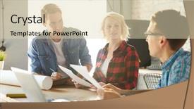  Presentation with team meeting - Slide deck featuring team of creative business professionals background and a soft green colored foreground