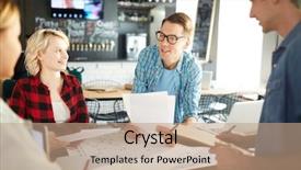  Presentation with business group meeting - Colorful PPT theme enhanced with team of creative business professionals backdrop and a coral colored foreground