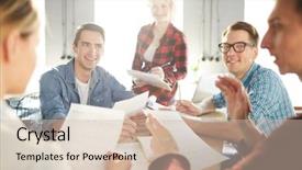  Presentation with team meeting - Amazing PPT theme having team of creative business professionals backdrop and a soft green colored foreground