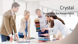 Presentation with design team - PPT layouts having team of design professionals with swatches having discussion at table in new office background and a light gray colored foreground
