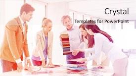  Presentation with design team - Colorful presentation enhanced with team of design professionals with swatches having discussion at table in new office backdrop and a cream colored foreground