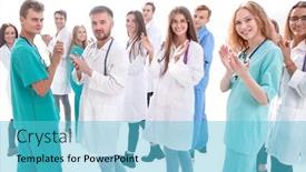  Presentation with joint - Cool new PPT theme with team-of-diverse-doctors-applauding backdrop and a light blue colored foreground