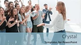  Presentation with team leader - Slides enhanced with team-of-diverse-young-people background and a light blue colored foreground