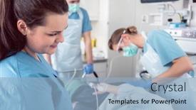  Presentation with colonoscopy - Presentation design enhanced with team-of-doctors-and-nurses background and a light blue colored foreground