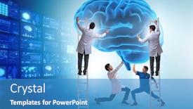  Presentation with human brain - Beautiful PPT theme featuring team of doctors examining human brain backdrop and a teal colored foreground