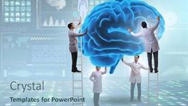  Presentation with human brain - Presentation theme featuring team of doctors examining human brain background and a light blue colored foreground