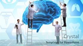  Presentation with human brain - Presentation theme with team of doctors examining human brain background and a light blue colored foreground