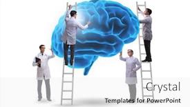 Presentation with human brain - Presentation design featuring team of doctors examining human brain background and a white colored foreground