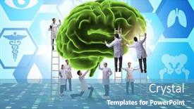  Presentation with human brain - Slide set enhanced with team of doctors examining human brain background and a teal colored foreground