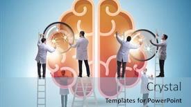  Presentation with human brain - Cool new presentation theme with team-of-doctors-examining-human backdrop and a light blue colored foreground