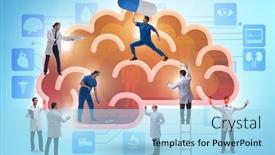  Presentation with human brain - Presentation theme with team-of-doctors-examining-human background and a light blue colored foreground