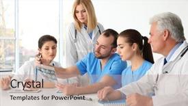  Presentation with meeting a doctor - Colorful slide set enhanced with team of doctors exploring roentgenogram backdrop and a  colored foreground