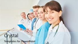  Presentation with apprenticeship - Beautiful presentation theme featuring team of doctors in clinic backdrop and a  colored foreground