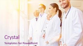  Presentation with team group - Audience pleasing PPT theme consisting of team of doctors looking at window in hospital as group backdrop and a sky blue colored foreground