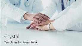  Presentation with team hands - Slide set having team of doctors putting hands together closeup background and a light gray colored foreground