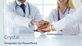  Presentation with team hands - Presentation design with team of doctors putting hands together closeup background and a sky blue colored foreground