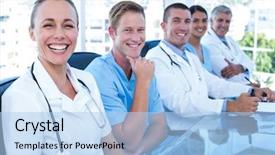  Presentation with team health - Audience pleasing slide deck consisting of team of doctors smiling backdrop and a light blue colored foreground