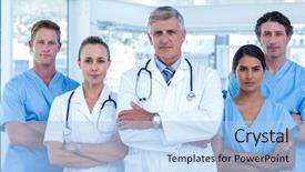  Presentation with multiracial team of young doctors stacking hands - Colorful presentation theme enhanced with team of doctors standing arms backdrop and a light blue colored foreground