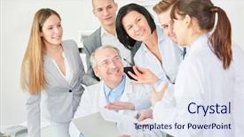  Presentation with staff - Audience pleasing slide set consisting of team of doctors with employee backdrop and a sky blue colored foreground