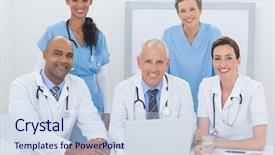  Presentation with medical laptop - Audience pleasing PPT theme consisting of team of doctors working on laptop in medical office backdrop and a sky blue colored foreground