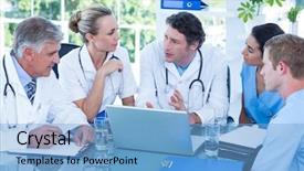  Presentation with medical laptop - Slide deck having team of doctors working on laptop in medical office background and a light blue colored foreground