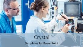  Presentation with testing - Cool new presentation theme with team-of-electronic-engineers-testing backdrop and a light blue colored foreground