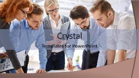  Presentation with team meeting - PPT theme featuring employees studying blueprints at meeting background and a light blue colored foreground