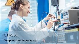  Presentation with testing - PPT theme with team-of-engineers-woman background and a light blue colored foreground