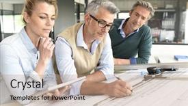  Presentation with team working together - Audience pleasing presentation theme consisting of team of engineers working together on project backdrop and a coral colored foreground