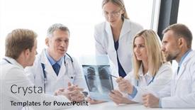  Presentation with report - Colorful PPT theme enhanced with team-of-experts-doctors-examining backdrop and a light blue colored foreground