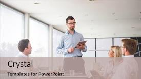  Presentation with team meeting - Slide deck featuring team of four people meeting background and a mint green colored foreground