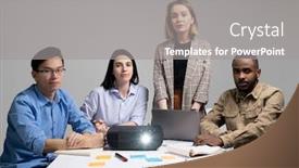 Presentation with projector - PPT layouts having team-of-four-successful-intercultural background and a gray colored foreground