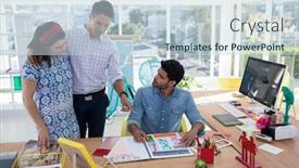  Presentation with graphic - Cool new PPT theme with team-of-graphic-designers-discussing backdrop and a sky blue colored foreground